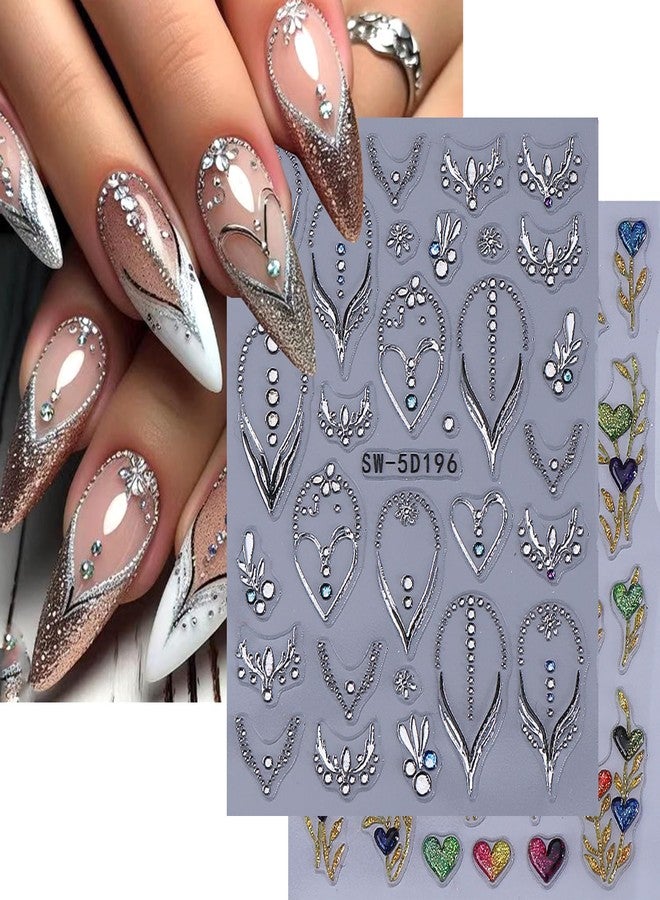 Vopintpy Love Heart Rhinestones Nails Stickers Decals Romantic Valentines Nails Art Stickers Self-Adhesive 5D Embossed Valentines Heart Nail Art Decals for Women DIY Manicure Decorations 2 Sheets - Image 1